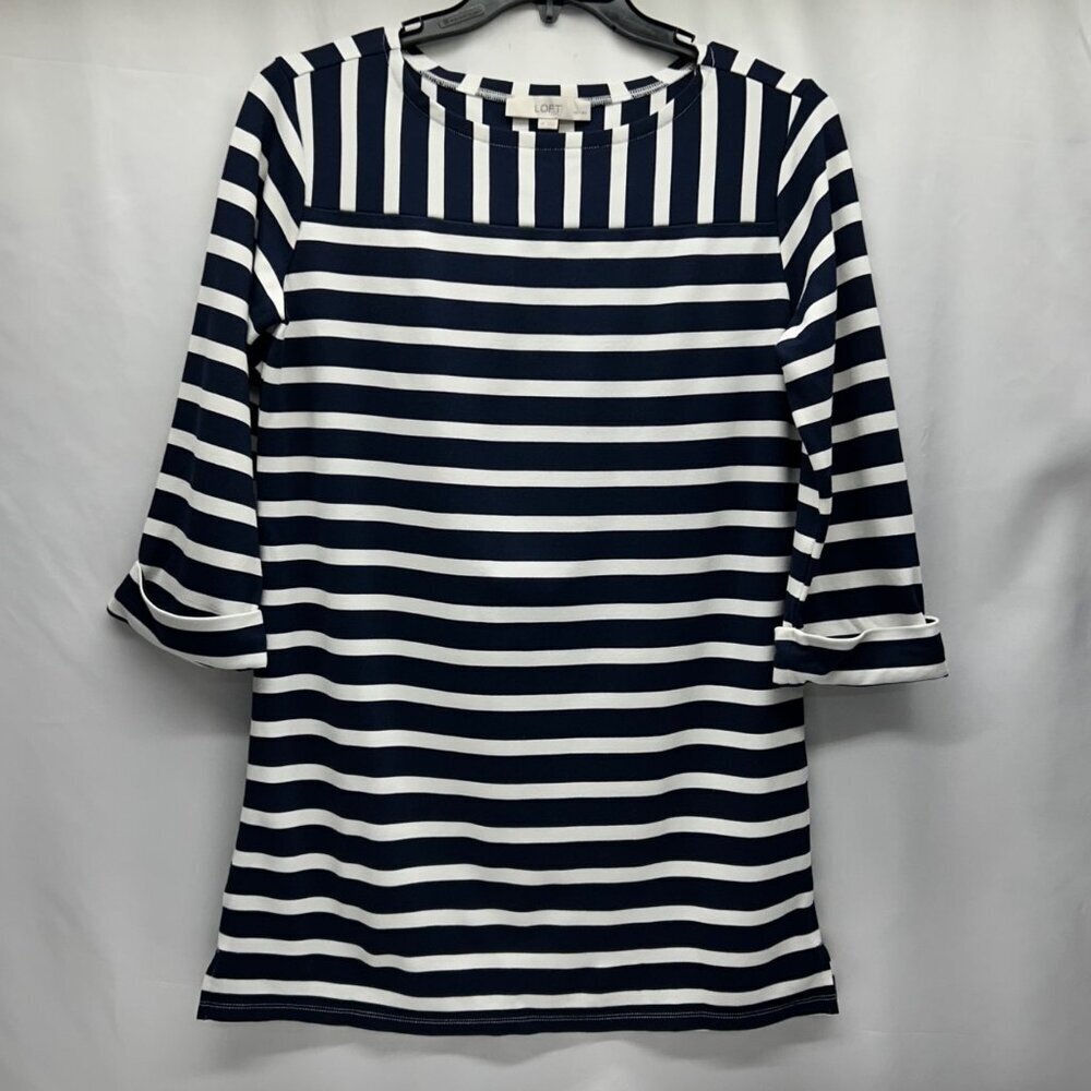 Navy & White Striped Cuffed 3/4 Sleeve Top By Loft Petites MP Soft